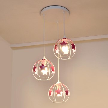 Suspension filaire enfant STARS 3xE27/15W/230V rose/blanc
