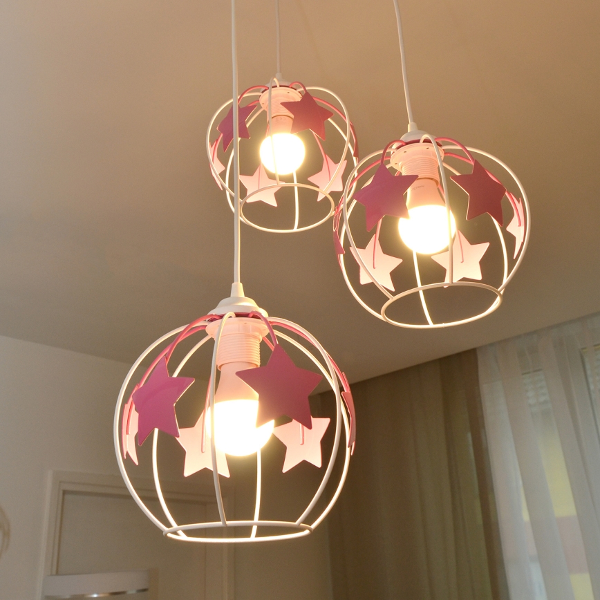 Suspension filaire enfant STARS 3xE27/15W/230V rose/blanc