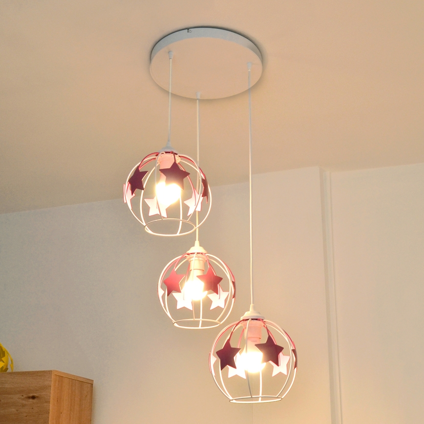 Suspension filaire enfant STARS 3xE27/15W/230V rose/blanc