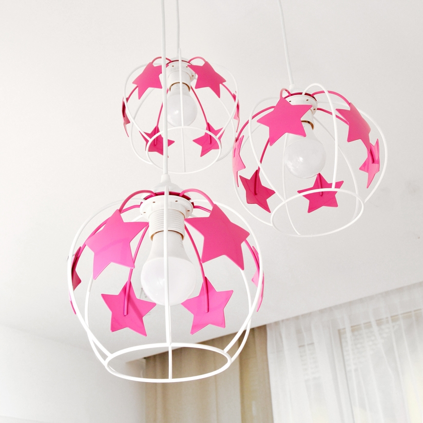 Suspension filaire enfant STARS 3xE27/15W/230V rose/blanc