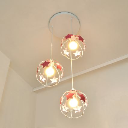 Suspension filaire enfant STARS 3xE27/15W/230V rose/blanc