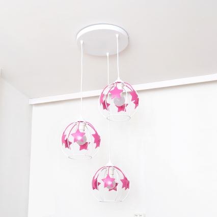 Suspension filaire enfant STARS 3xE27/15W/230V rose/blanc
