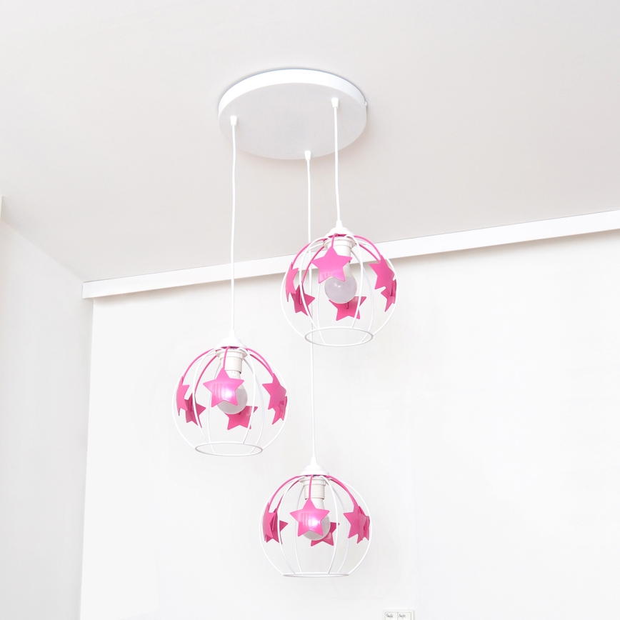 Suspension filaire enfant STARS 3xE27/15W/230V rose/blanc