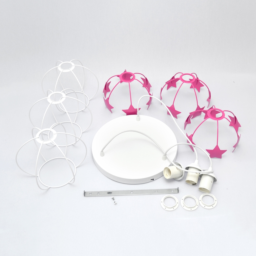 Suspension filaire enfant STARS 3xE27/15W/230V rose/blanc