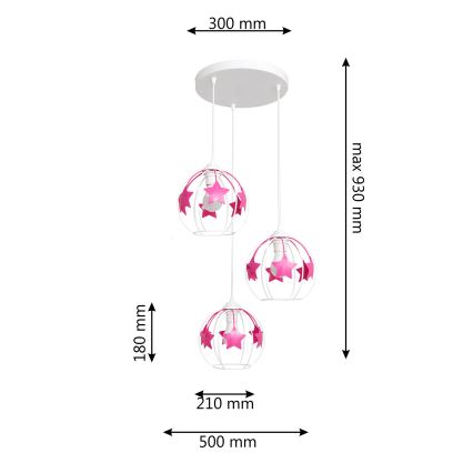 Suspension filaire enfant STARS 3xE27/15W/230V rose/blanc