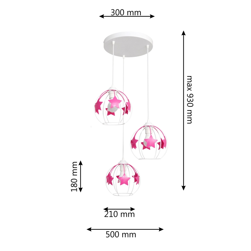 Suspension filaire enfant STARS 3xE27/15W/230V rose/blanc