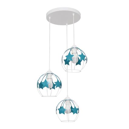 Suspension filaire enfant STARS 3xE27/15W/230V turquoise/blanc