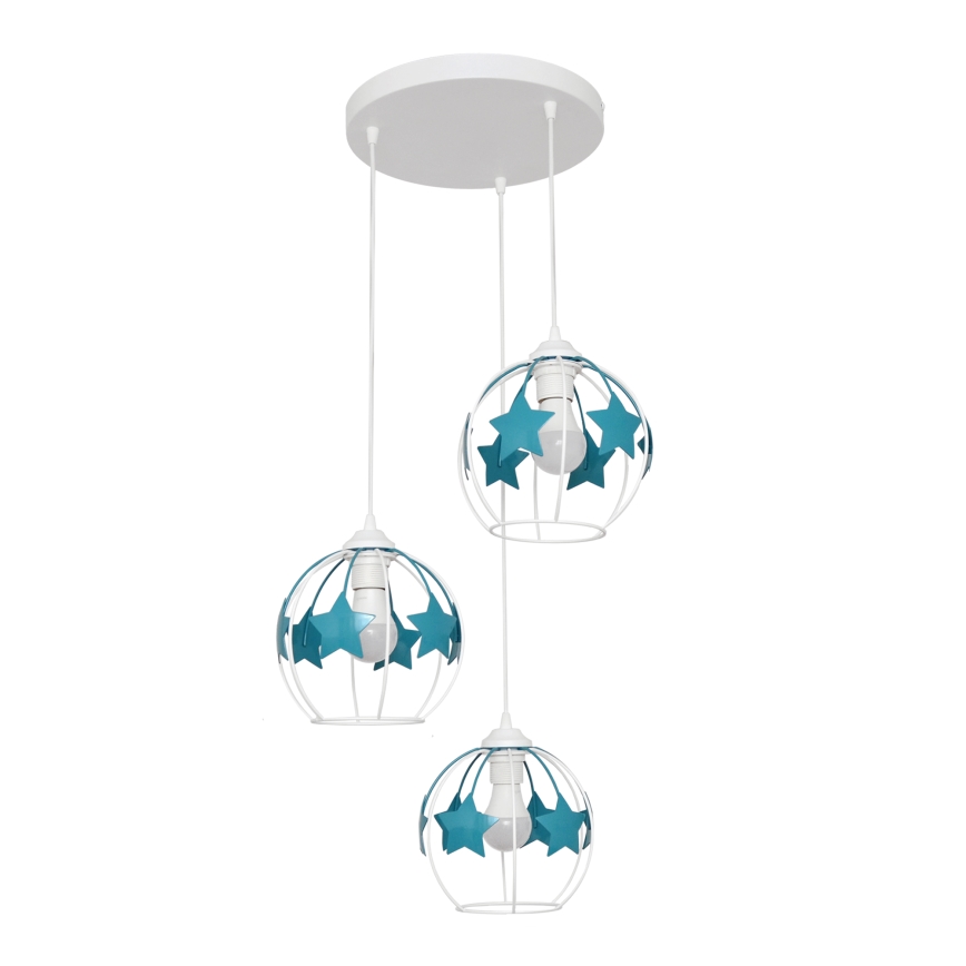 Suspension filaire enfant STARS 3xE27/15W/230V turquoise/blanc