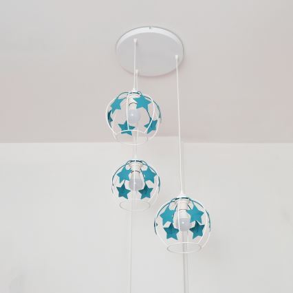 Suspension filaire enfant STARS 3xE27/15W/230V turquoise/blanc