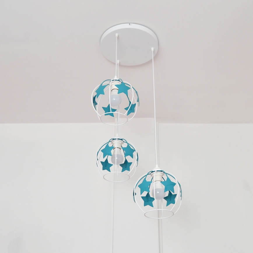 Suspension filaire enfant STARS 3xE27/15W/230V turquoise/blanc