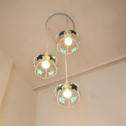 Suspension filaire enfant STARS 3xE27/15W/230V turquoise/blanc