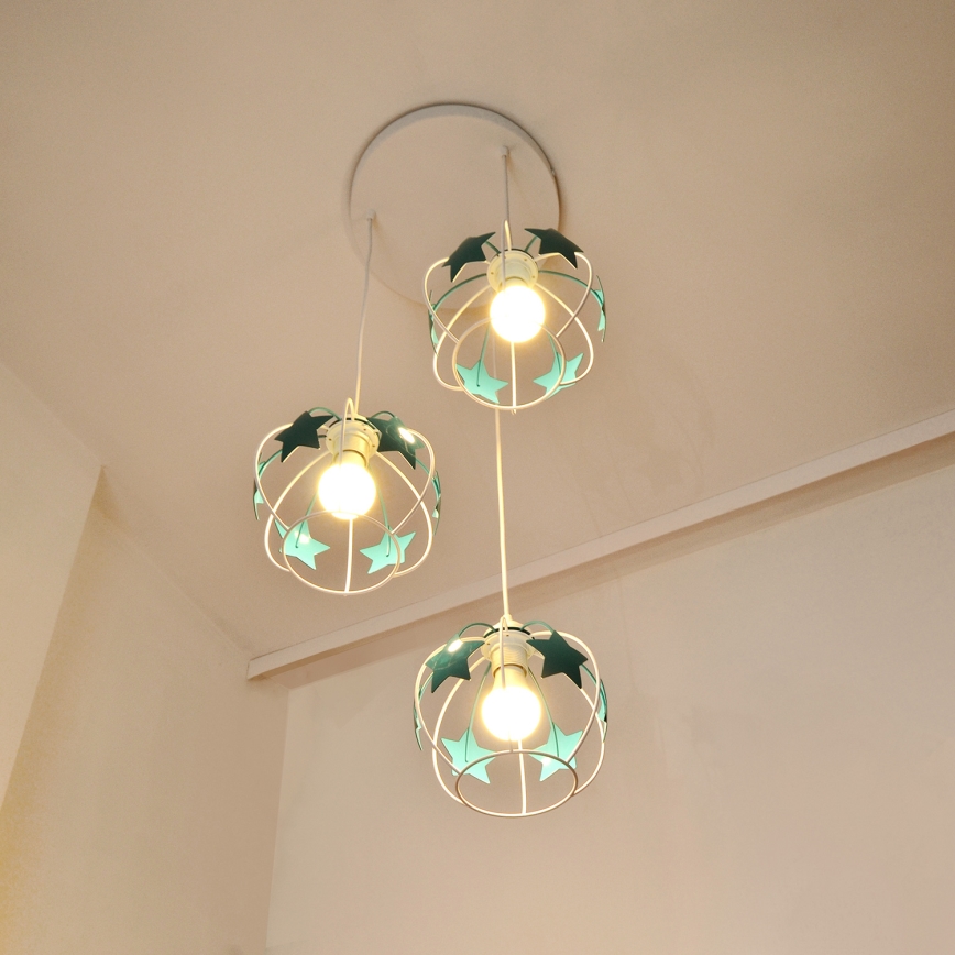 Suspension filaire enfant STARS 3xE27/15W/230V turquoise/blanc