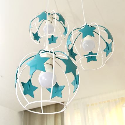 Suspension filaire enfant STARS 3xE27/15W/230V turquoise/blanc