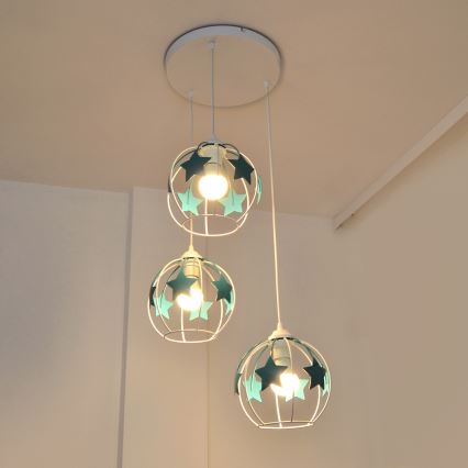 Suspension filaire enfant STARS 3xE27/15W/230V turquoise/blanc