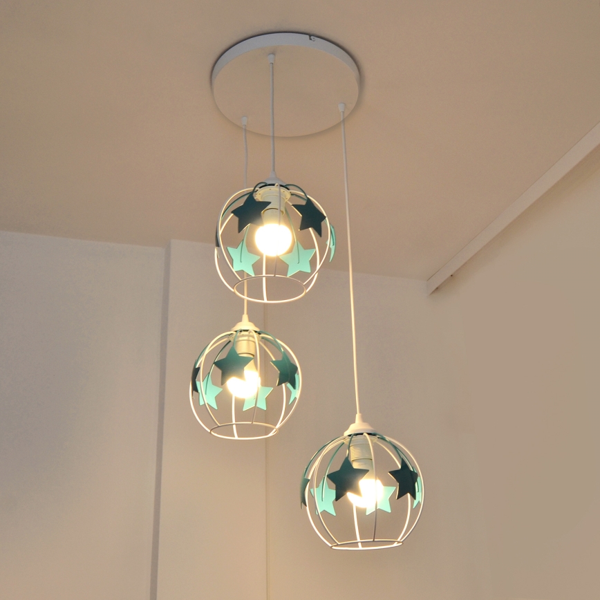 Suspension filaire enfant STARS 3xE27/15W/230V turquoise/blanc