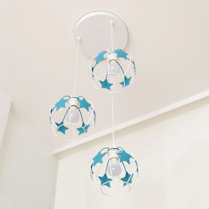 Suspension filaire enfant STARS 3xE27/15W/230V turquoise/blanc
