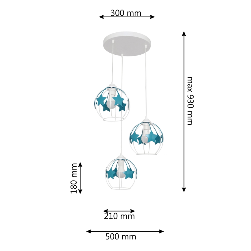 Suspension filaire enfant STARS 3xE27/15W/230V turquoise/blanc