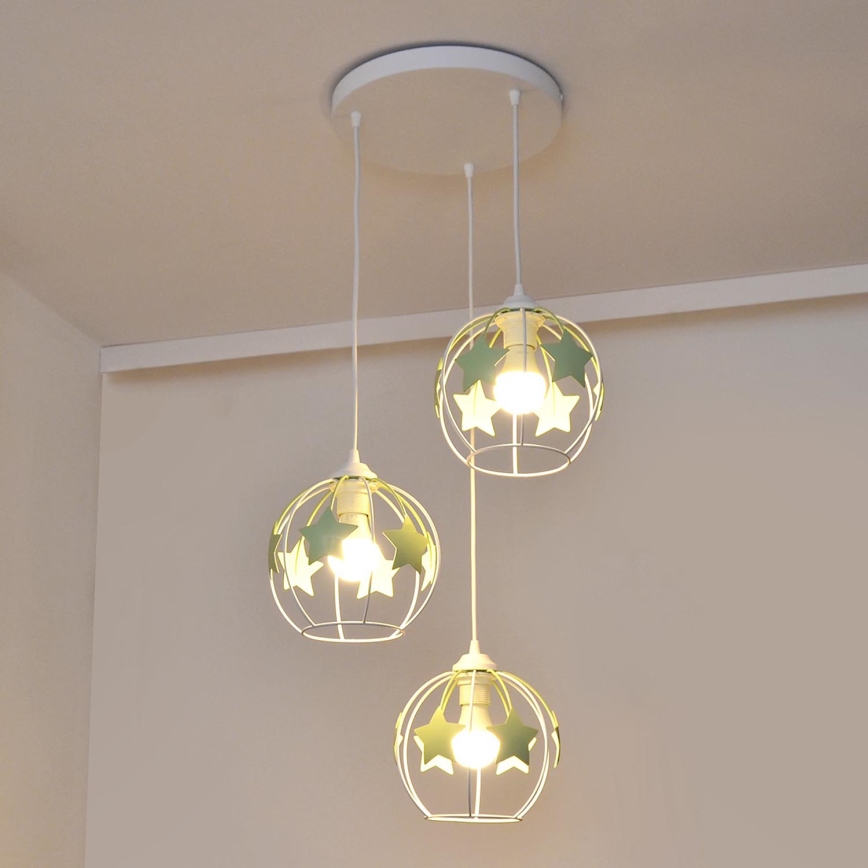 Suspension filaire enfant STARS 3xE27/15W/230V vert/blanc