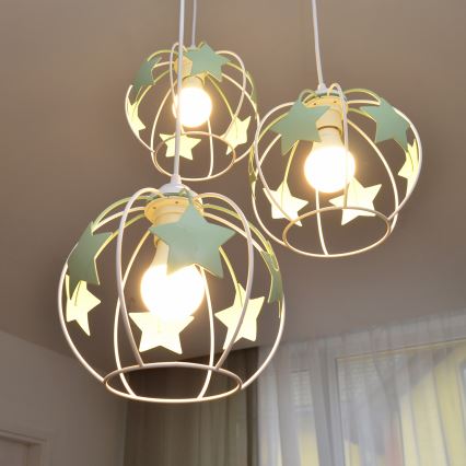 Suspension filaire enfant STARS 3xE27/15W/230V vert/blanc