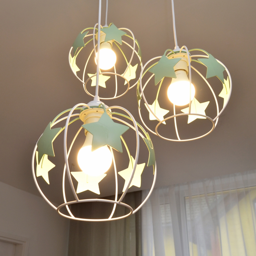 Suspension filaire enfant STARS 3xE27/15W/230V vert/blanc