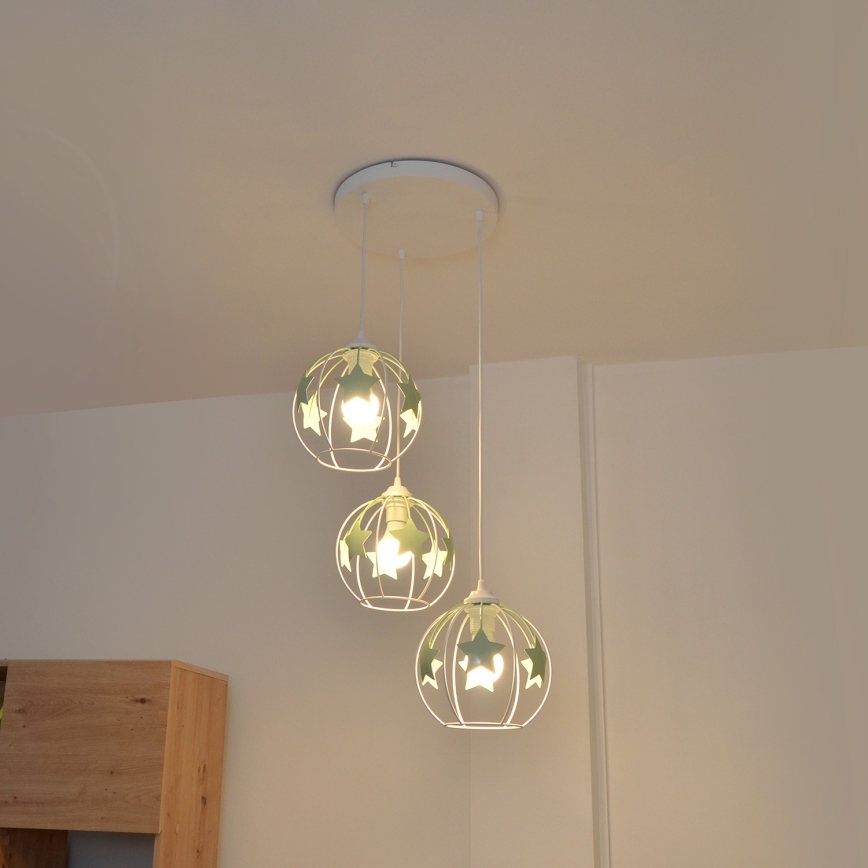 Suspension filaire enfant STARS 3xE27/15W/230V vert/blanc