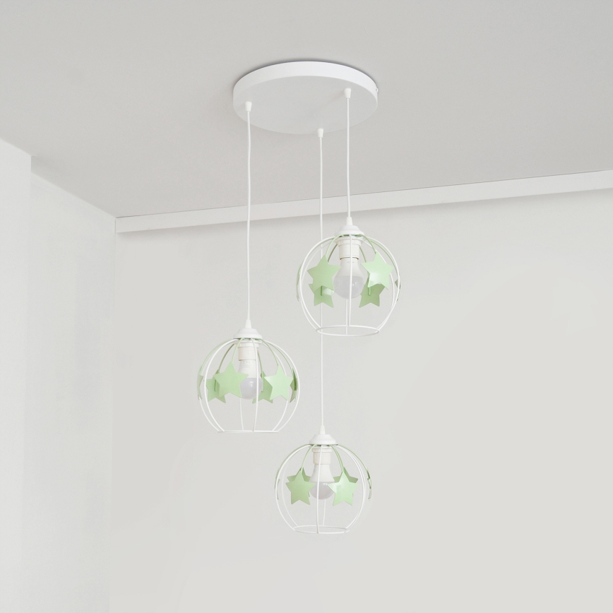 Suspension filaire enfant STARS 3xE27/15W/230V vert/blanc