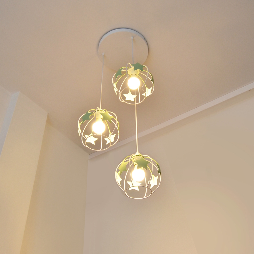 Suspension filaire enfant STARS 3xE27/15W/230V vert/blanc