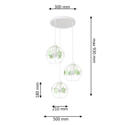 Suspension filaire enfant STARS 3xE27/15W/230V vert/blanc