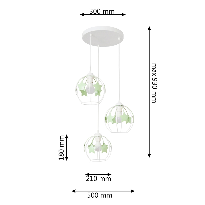 Suspension filaire enfant STARS 3xE27/15W/230V vert/blanc