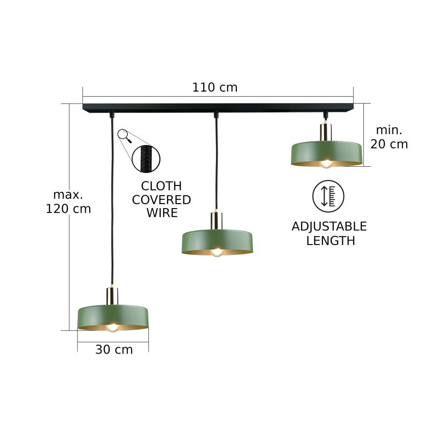Suspension filaire HAKI 3xE27/60W/230V vert/noir/chrome brillant