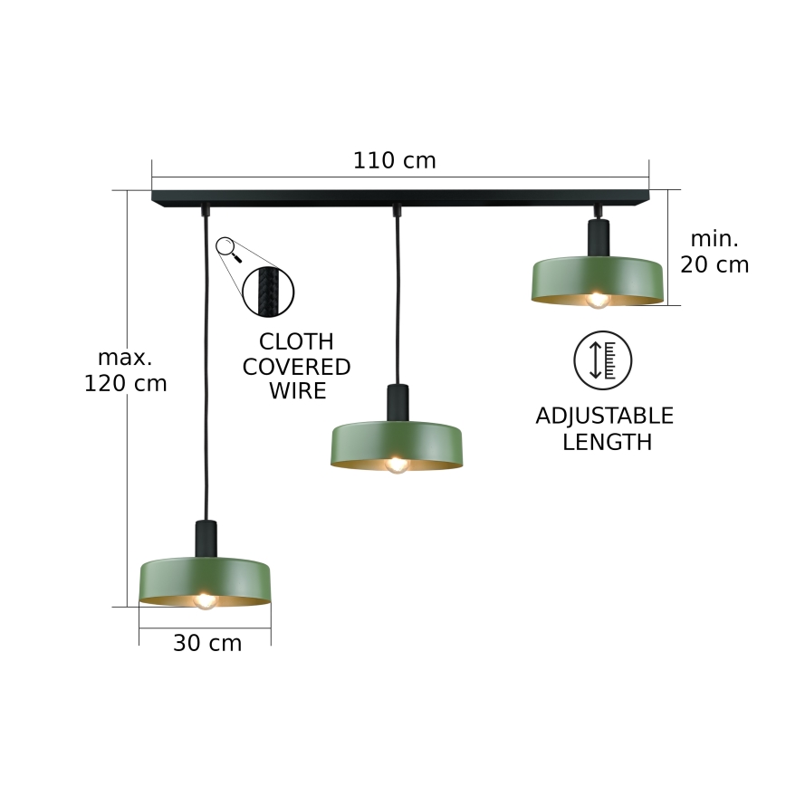 Suspension filaire HAKI 3xE27/60W/230V vert/noir