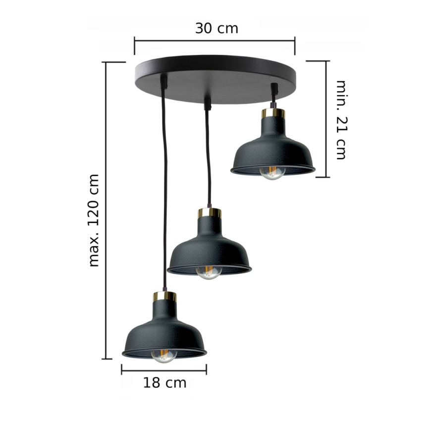 Suspension filaire HEBE 3xE27/60W/230V noir