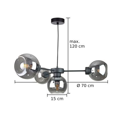 Suspension filaire KALIOPE 4xE27/60W/230V noir/fumé noir