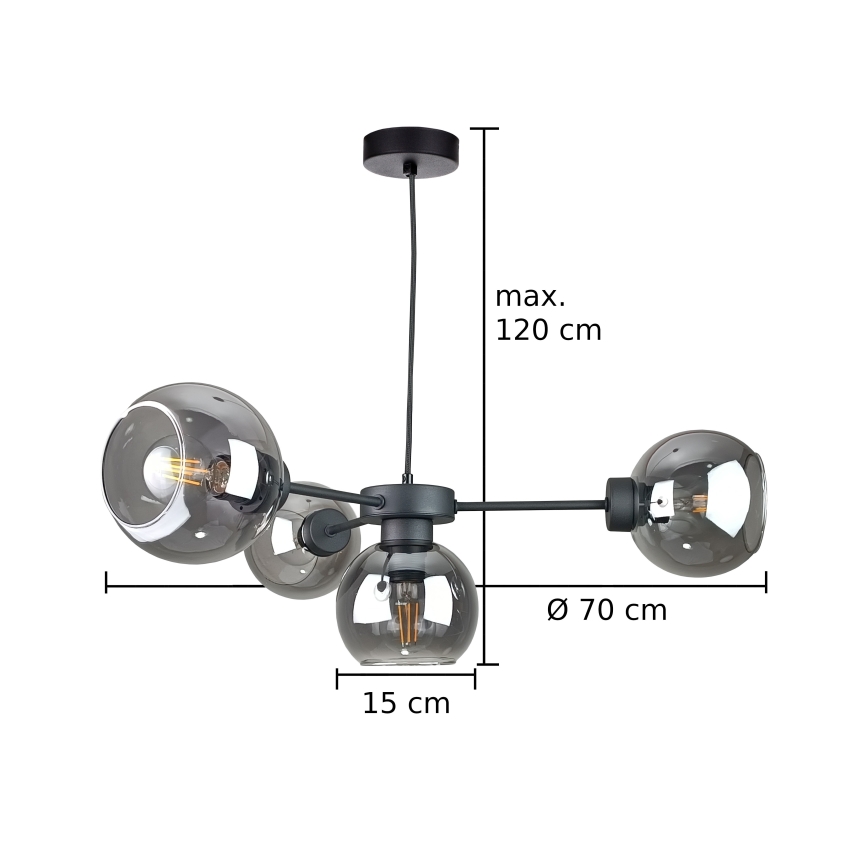 Suspension filaire KALIOPE 4xE27/60W/230V noir/fumé noir