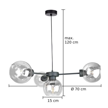 Suspension filaire KALIOPE 4xE27/60W/230V noir/transparent