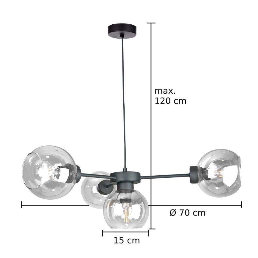 Suspension filaire KALIOPE 4xE27/60W/230V noir/transparent