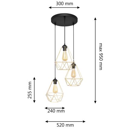 Suspension filaire KARO 3xE27/15W/230V doré/noir