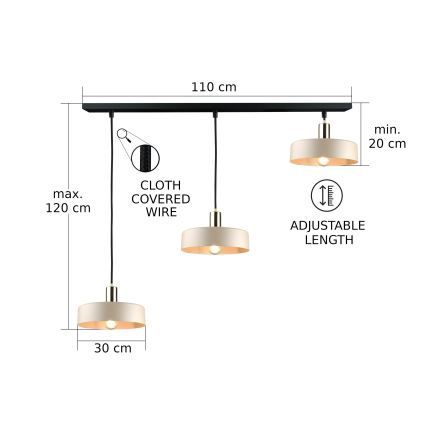 Suspension filaire LATTE 3xE27/60W/230V beige/noir/chrome brillant
