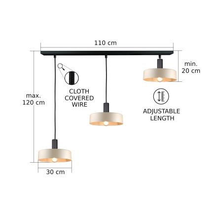 Suspension filaire LATTE 3xE27/60W/230V beige/noir