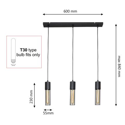 Suspension filaire MELODY 3xE27/15W/230V noir