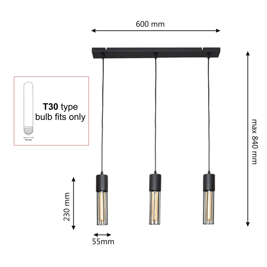 Suspension filaire MELODY 3xE27/15W/230V noir