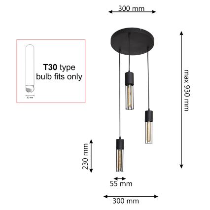 Suspension filaire MELODY 3xE27/15W/230V noir
