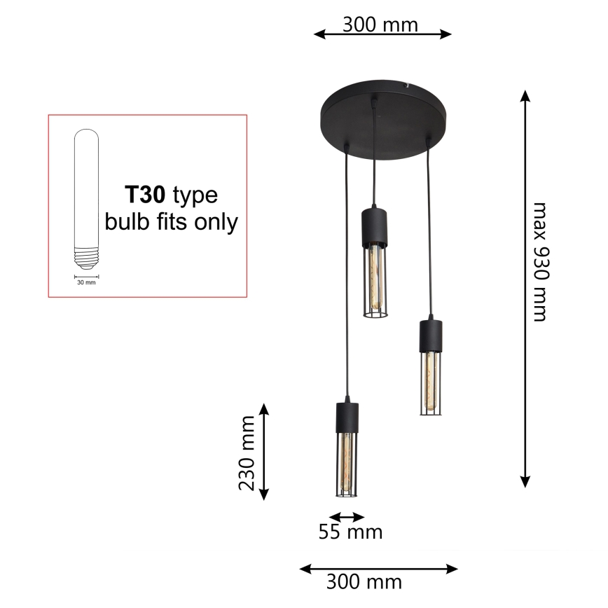 Suspension filaire MELODY 3xE27/15W/230V noir