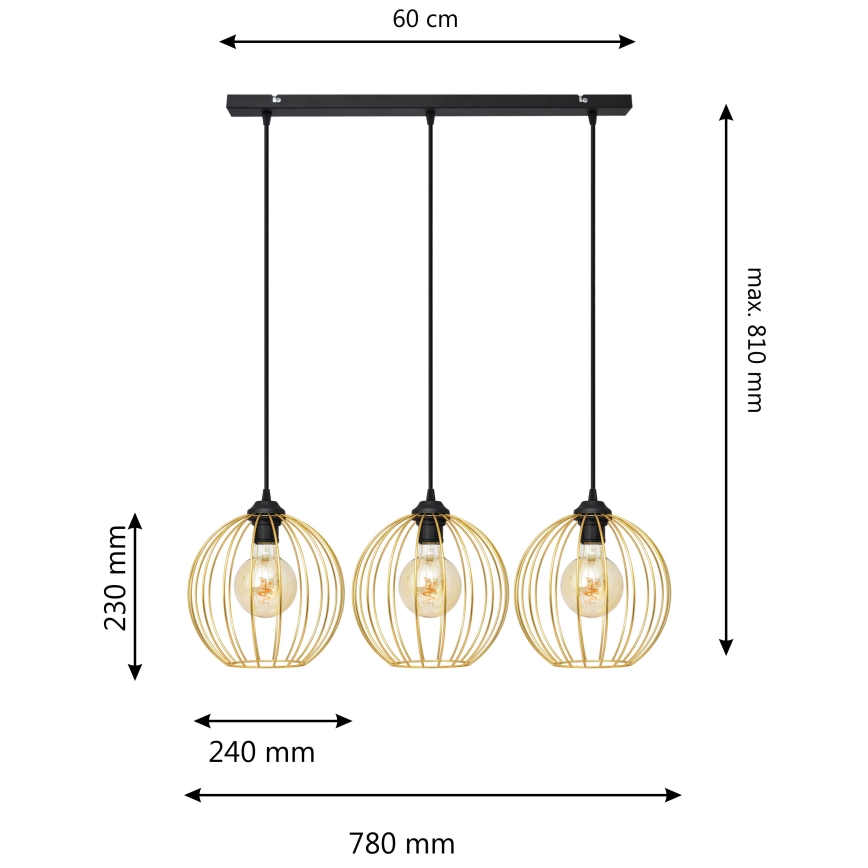 Suspension filaire MERCURE 3xE27/15W/230V doré/noir
