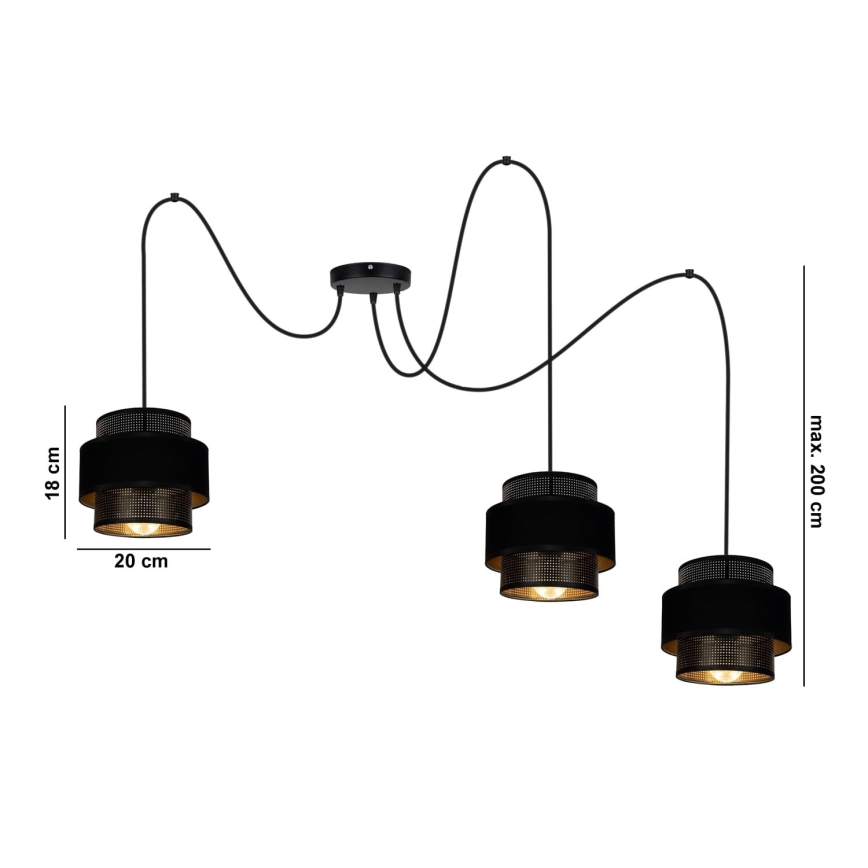 Suspension filaire NESS 3xE27/60W/230V araignée noir