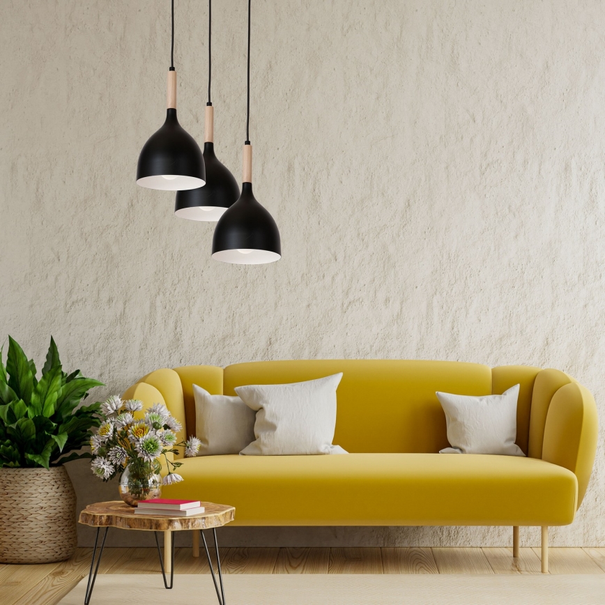 Suspension filaire NOAK WOOD 3xE27/15W/230V noir/hêtre