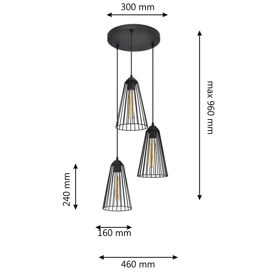 Suspension filaire TORRI 3xE27/15W/230V noir