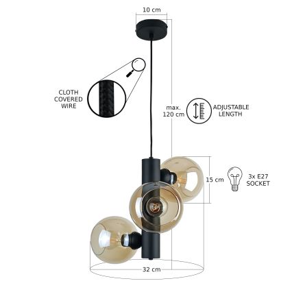 Suspension filaire TUBE 3xE27/60W/230V noir/fumé beige