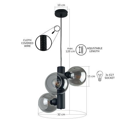 Suspension filaire TUBE 3xE27/60W/230V noir/fumé noir