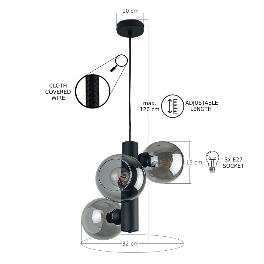 Suspension filaire TUBE 3xE27/60W/230V noir/fumé noir